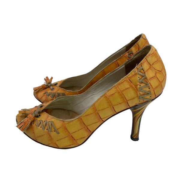 Goffredo Fantini Women Orange Leather Croc Print Peep Toe Tasseled Heel Pump 37 - Picture 4 of 9